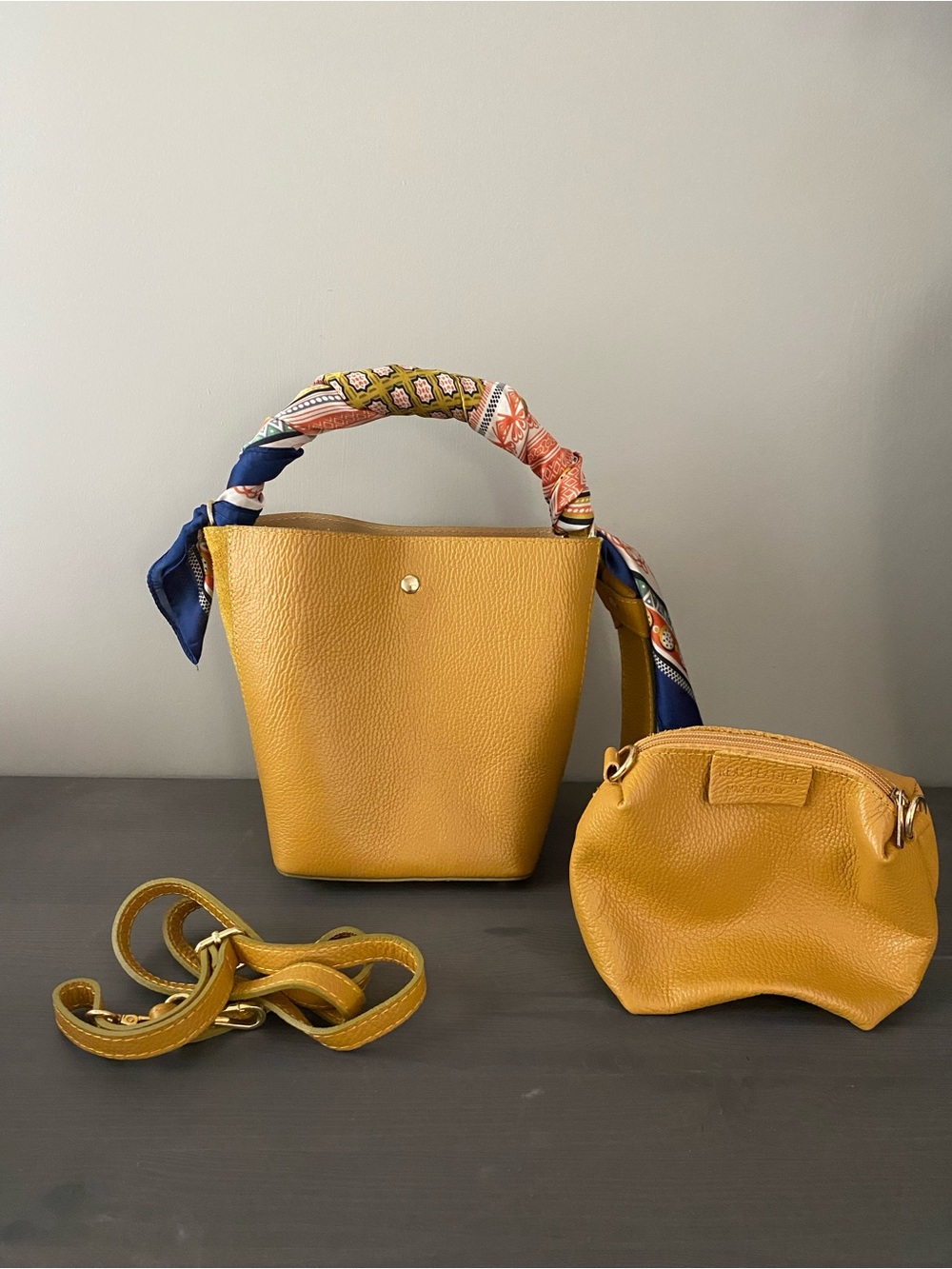 Mustard Yellow Leather Bucket Crossbody Bag with Scarf-Wrapped Handle